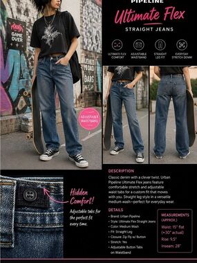 Urban Pipeline Flex Straight Jeans Adjustable Waist Stretch Denim